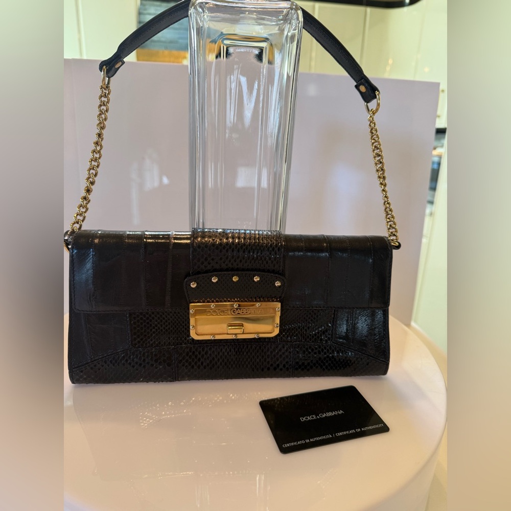 Dolce & Gabbana Black Leather Clutch with Gold Chain and Hardware vintage